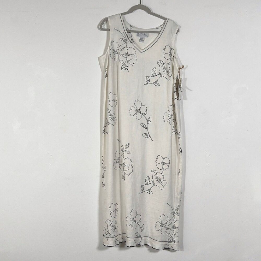 Maggie McNaughton Linen Midi Dress Sz 1X Off White Floral‎ Sleeveless Tie back